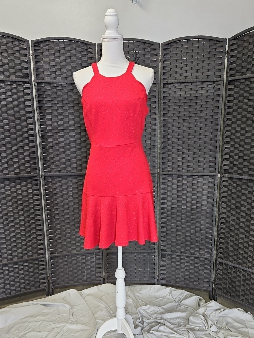 Size XL or 13/14 to 15/16 juniors bright red glittered highneck mini flare dress
